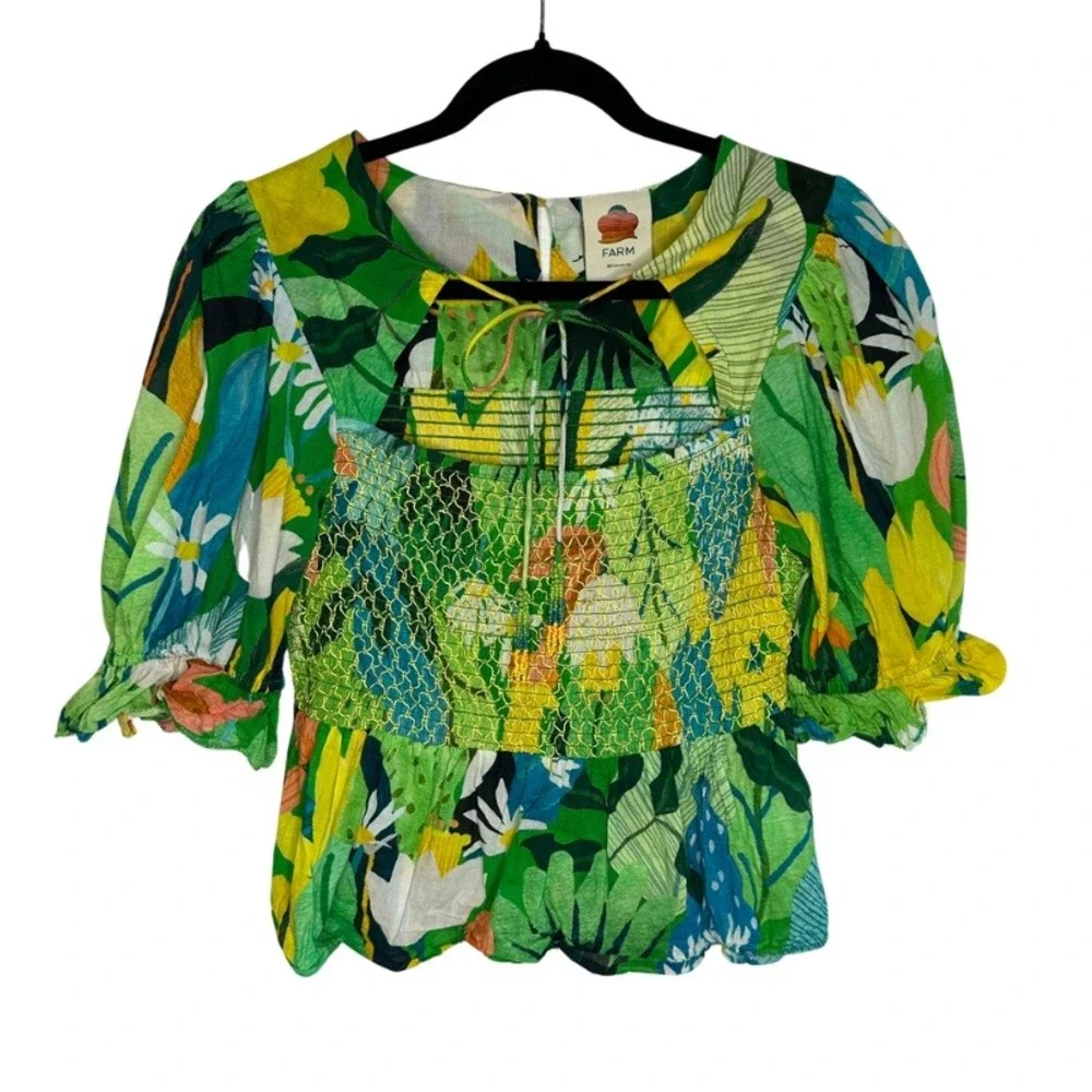 FARM Rio Green Floral Smocked Peplum Blouse with tie size M